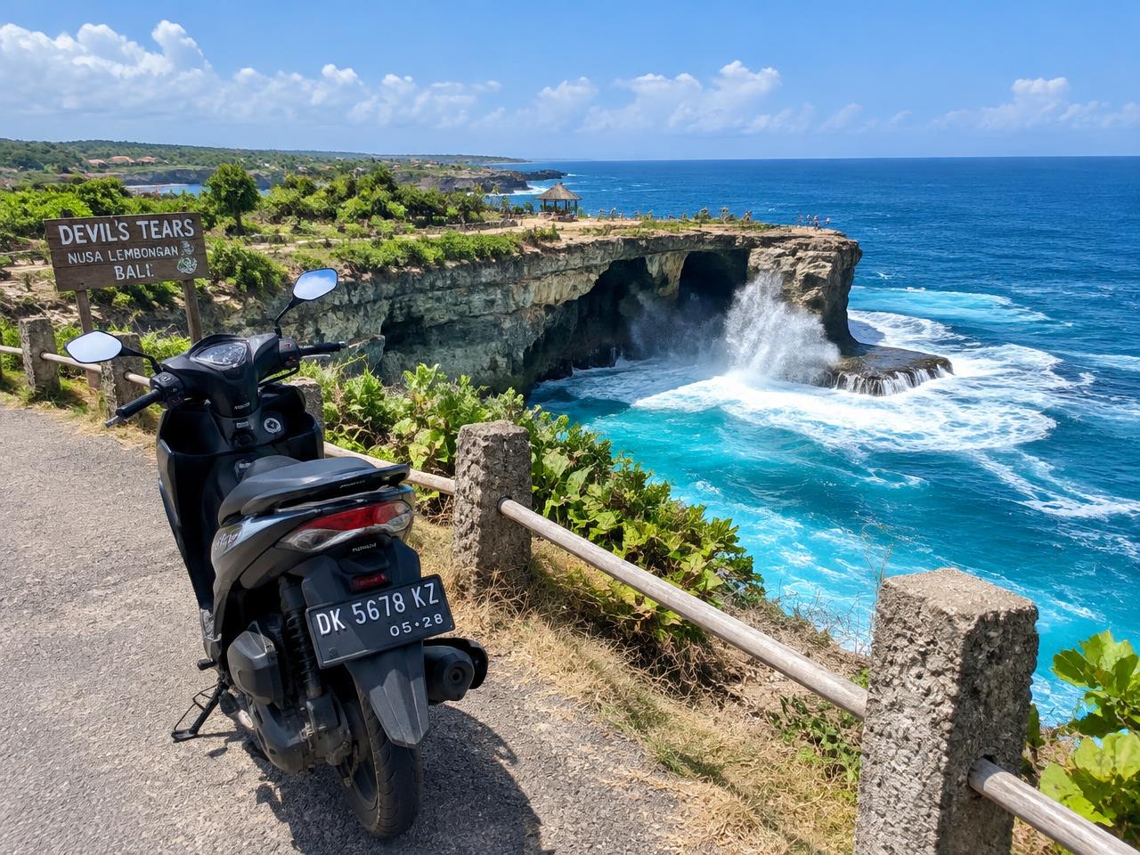 Motorbike overlooking Devil's Tears on Nusa Lembongan